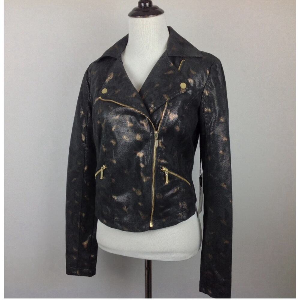 Rock & Republic Women's SMALL Moto Jacket BLACK & GOLD Shimmer Pattern Pockets